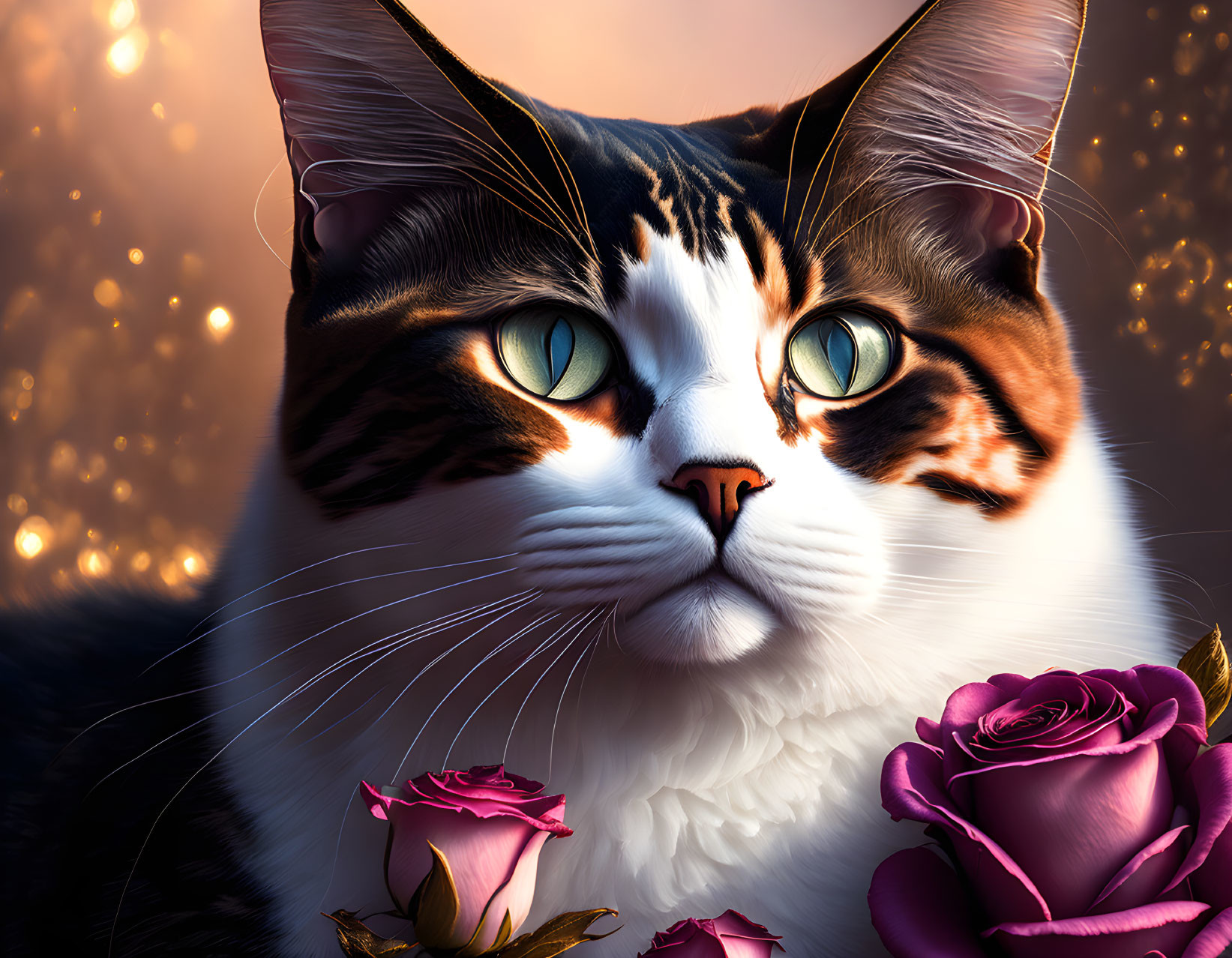 Tabby cat with green eyes in pink roses on golden background