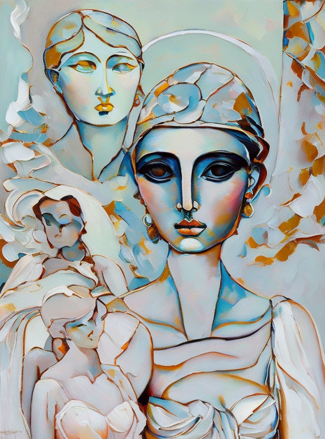 Stylized female figures in pastel hues and golden leaf accents