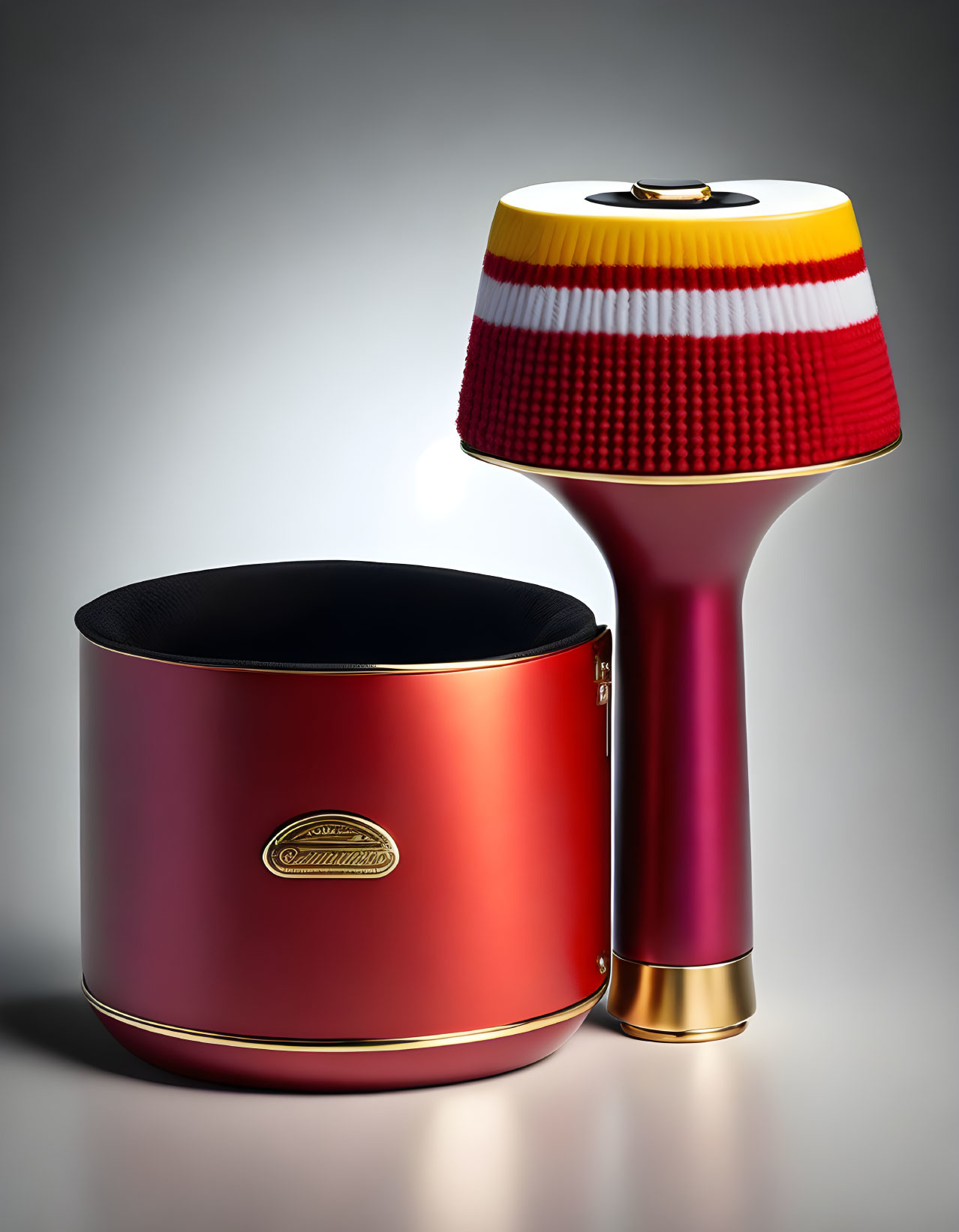 Red and Gold Electronic Table Lamp with Colorful Striped Shade