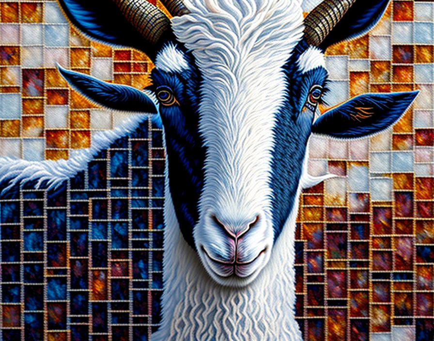 Vibrant goat painting with textured face and horns on geometric background