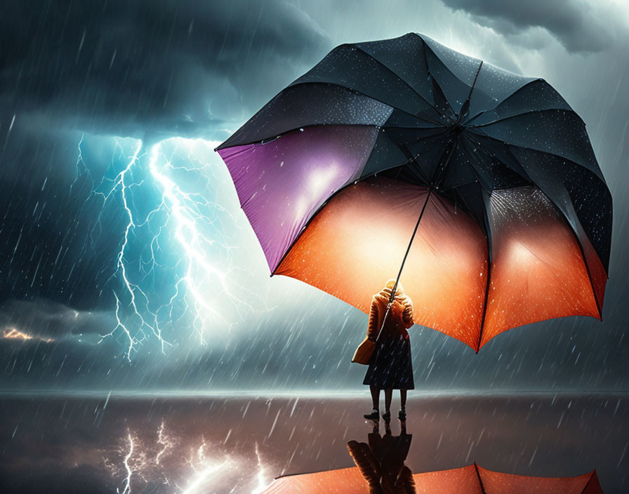 Colorful umbrella shields person from stormy sea with lightning.