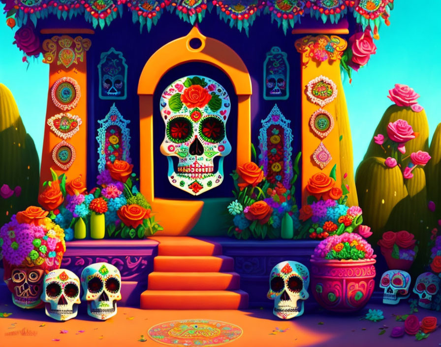 Colorful Dia de los Muertos altar with skulls, marigolds, candles, cacti