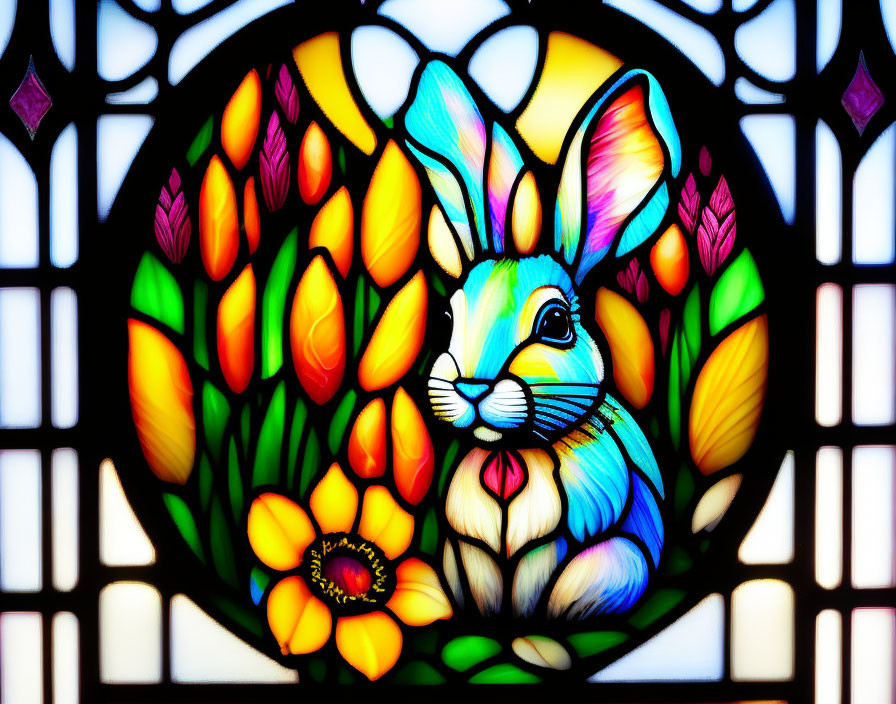 Vibrant stained glass window with blue-eyed rabbit and tulips