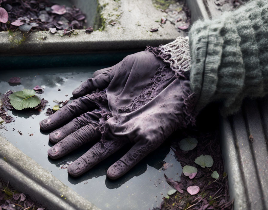 Discarded lace-trimmed glove on wet surface with scattered leaves