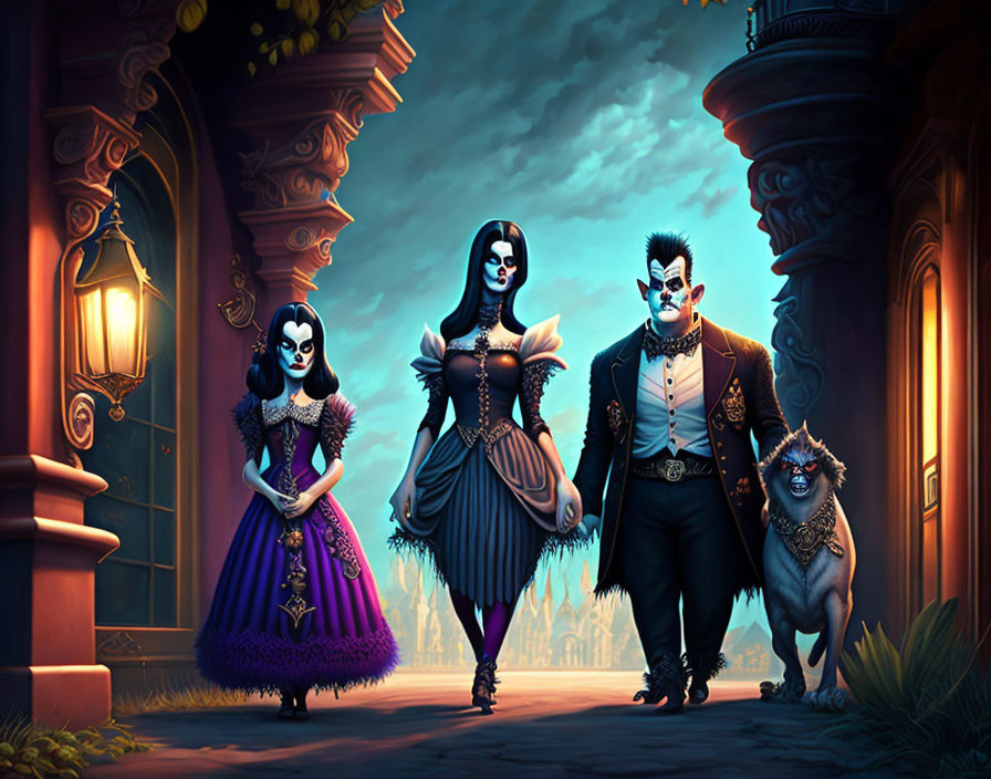 Stylized gothic vampire family in elegant attire with ominous mansion backdrop