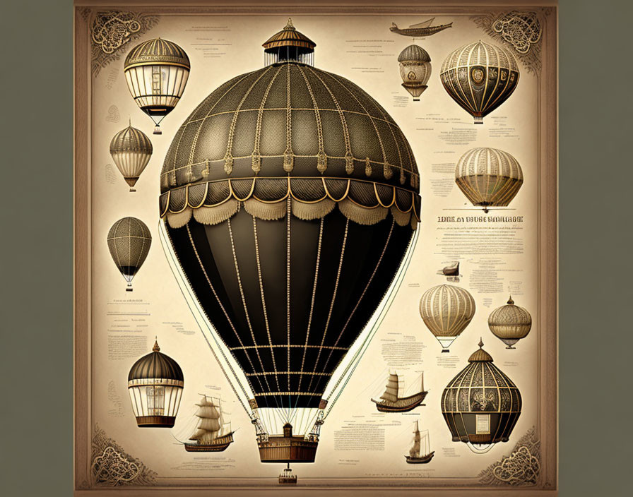 Vintage-Style Hot Air Balloons and Airships Poster with Annotations