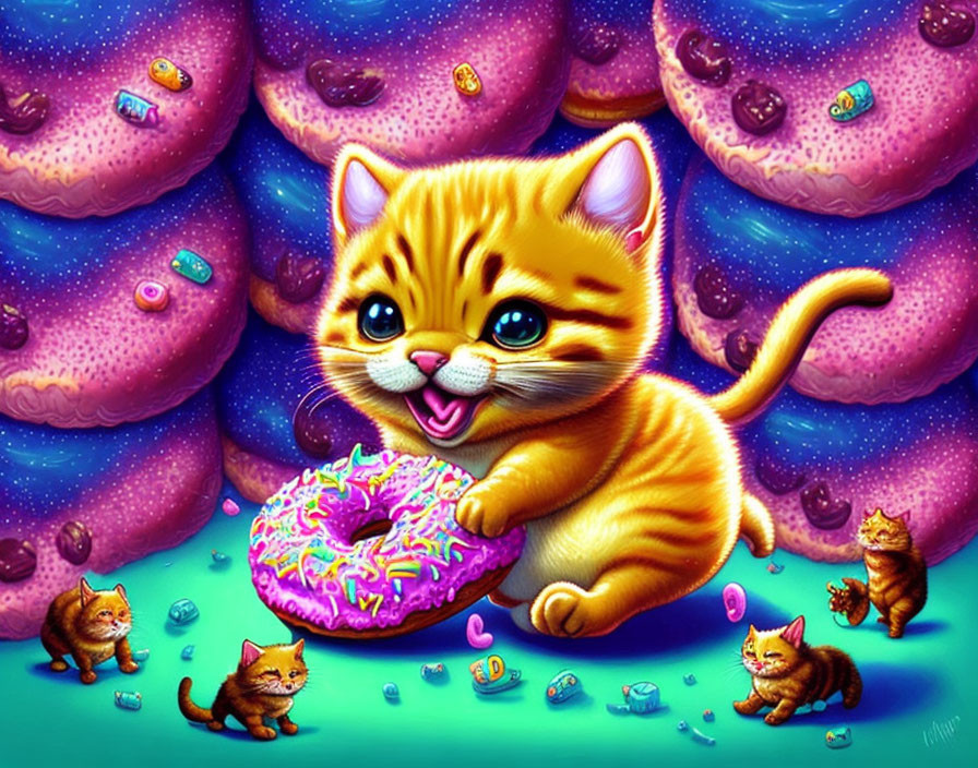 Vibrant cartoon illustration: oversized kitten with doughnut, surrounded by candy and kittens under purple star