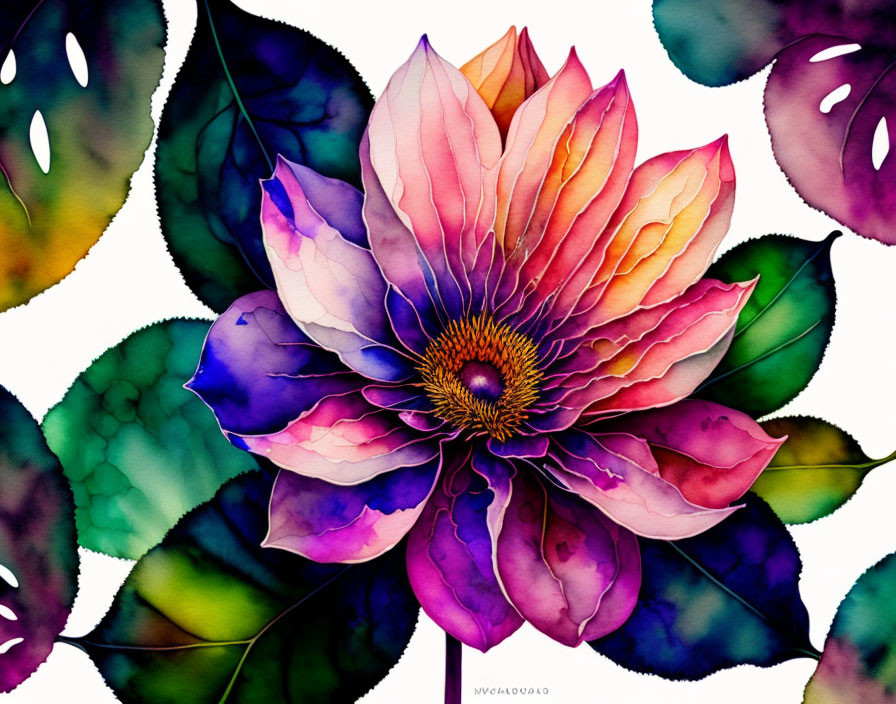 Colorful Lotus Flower Watercolor Painting with Pink, Purple, and Blue Gradient