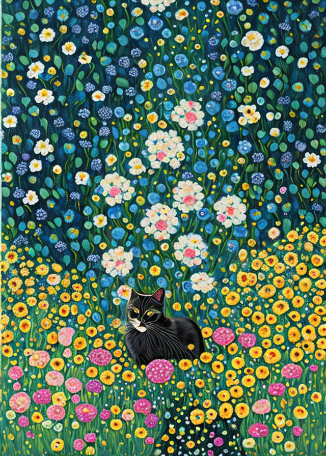 Black Cat with Green Eyes Surrounded by Colorful Flowers on Dark Blue Background