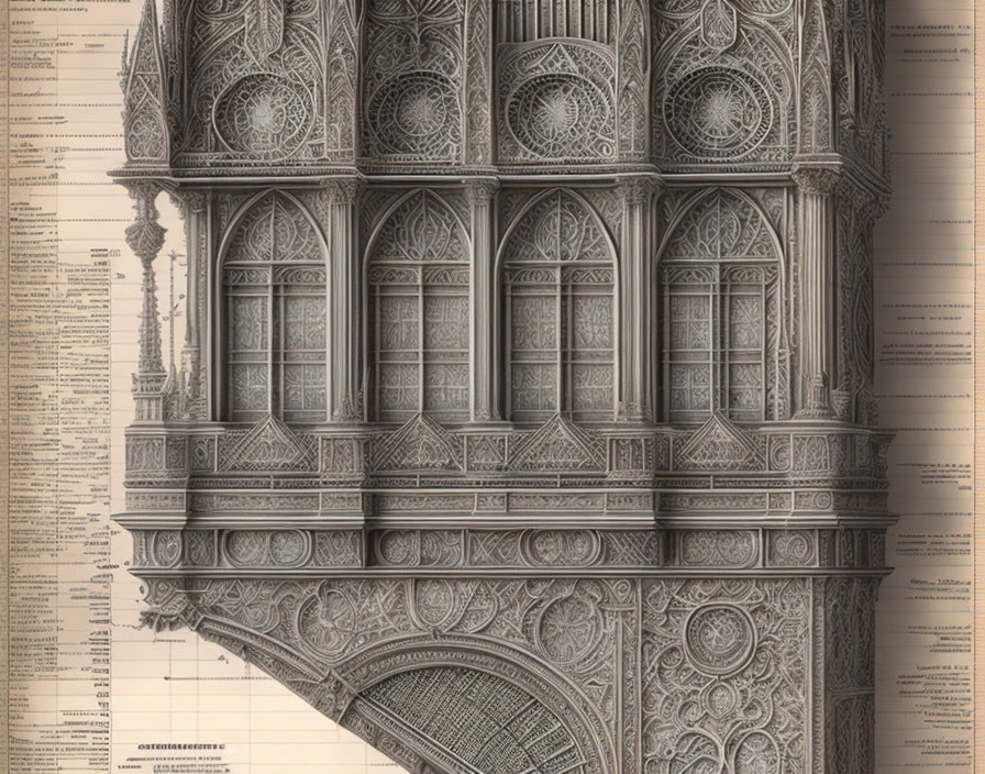 Architectural drawing of Gothic arch & facade with intricate patterns & text annotations