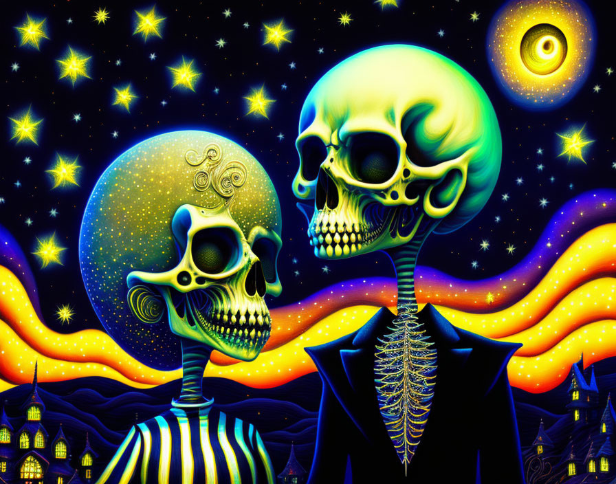 Stylized cosmic skull art on starry night background