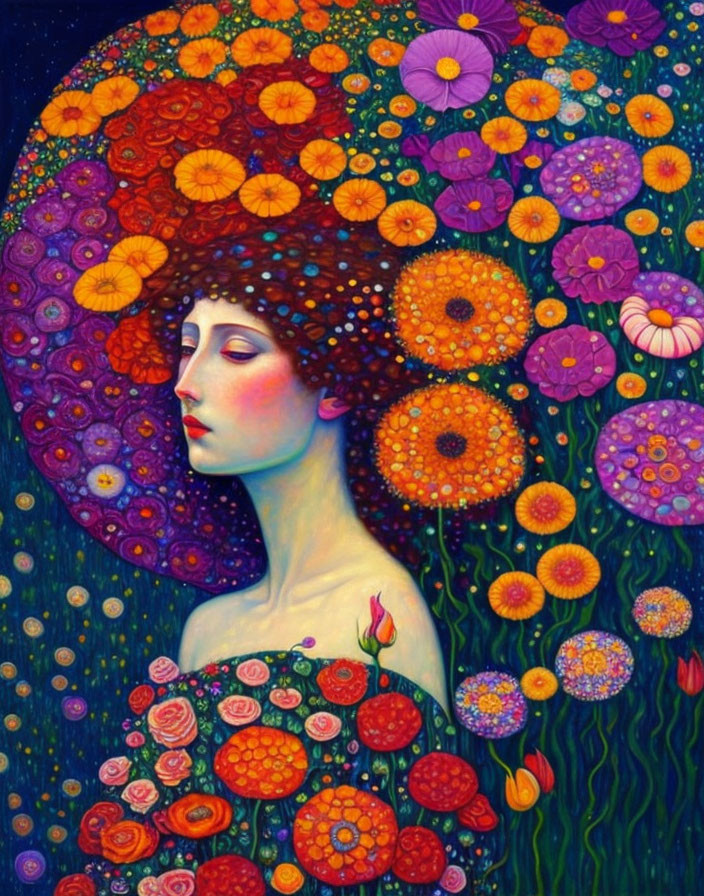 Colorful artwork of a woman with floral aura and intricate patterns