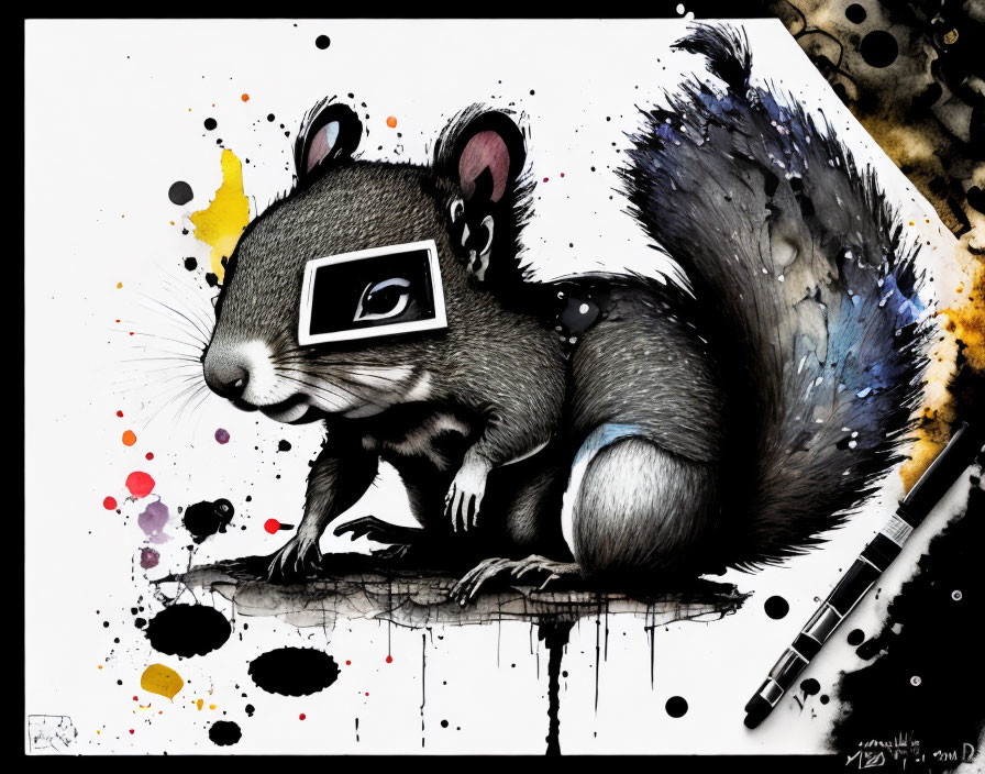 Colorful squirrel illustration with paintbrush and geometric eye patch