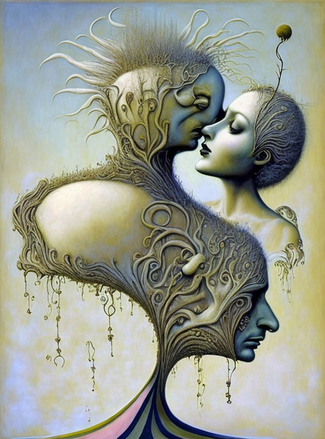 Surrealist painting featuring interconnected faces with tree-like elements on pale blue background