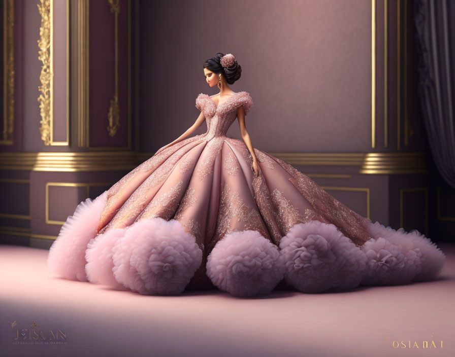 Illustrated princess in pink gown with sparkles in purple room