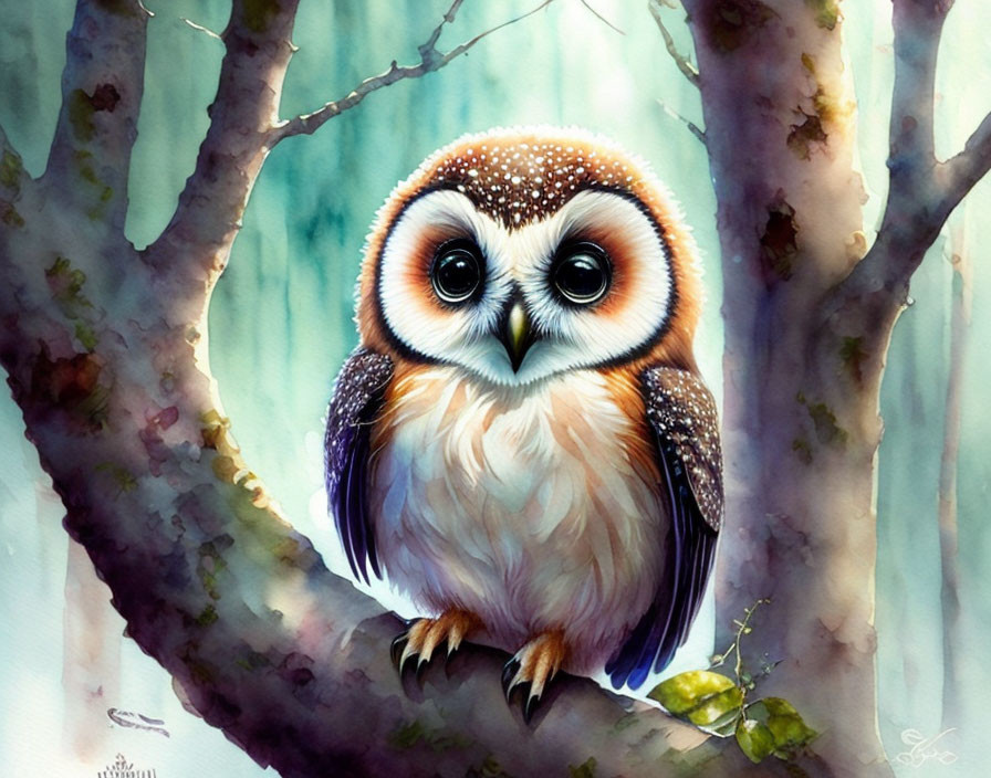 Colorful Illustration: Cute Owl on Tree Branch in Whimsical Forest