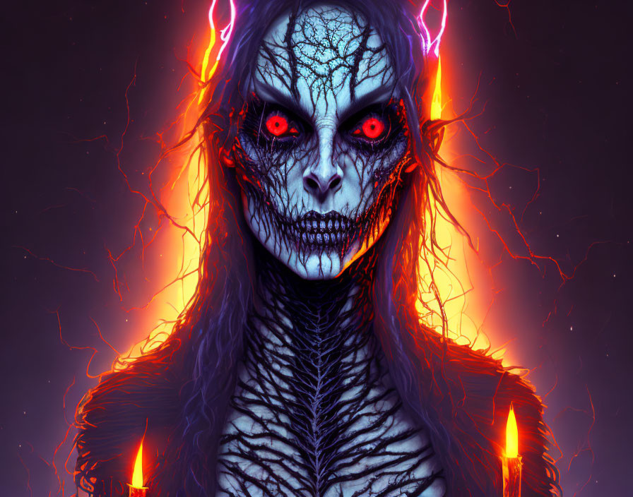 Digital artwork: Creature with red eyes, dark skin, purple lightning on dark background