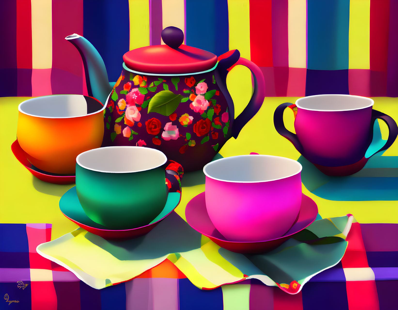 Vibrant floral teapot with teacups on colorful background