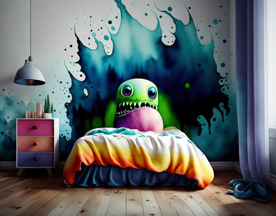 Colorful Bedspread and Cartoon Monster Wall Mural in Whimsical Bedroom