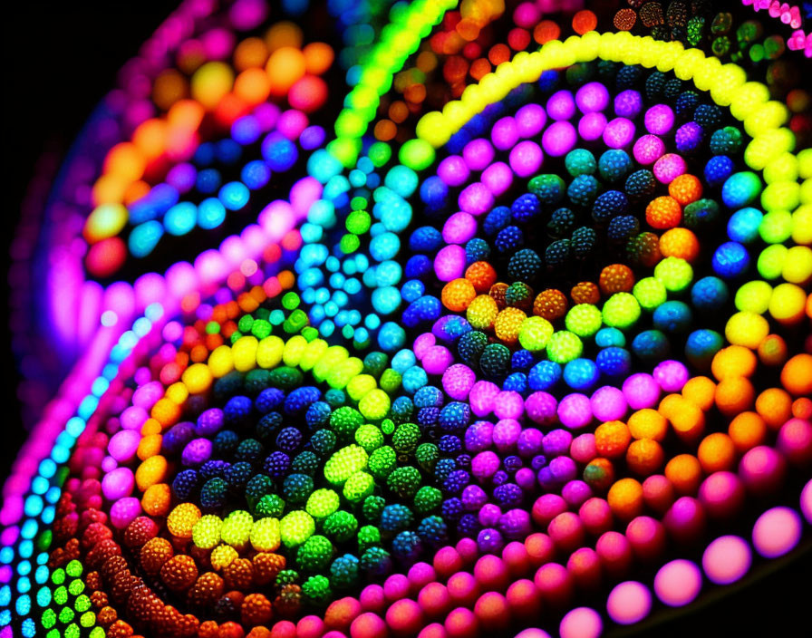 Multicolored spirals illuminated by balls in dark setting