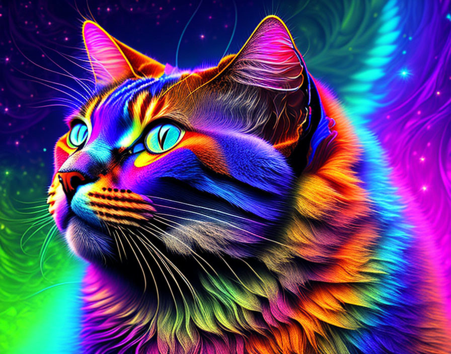 Colorful digital artwork of a neon cat with cosmic patterns