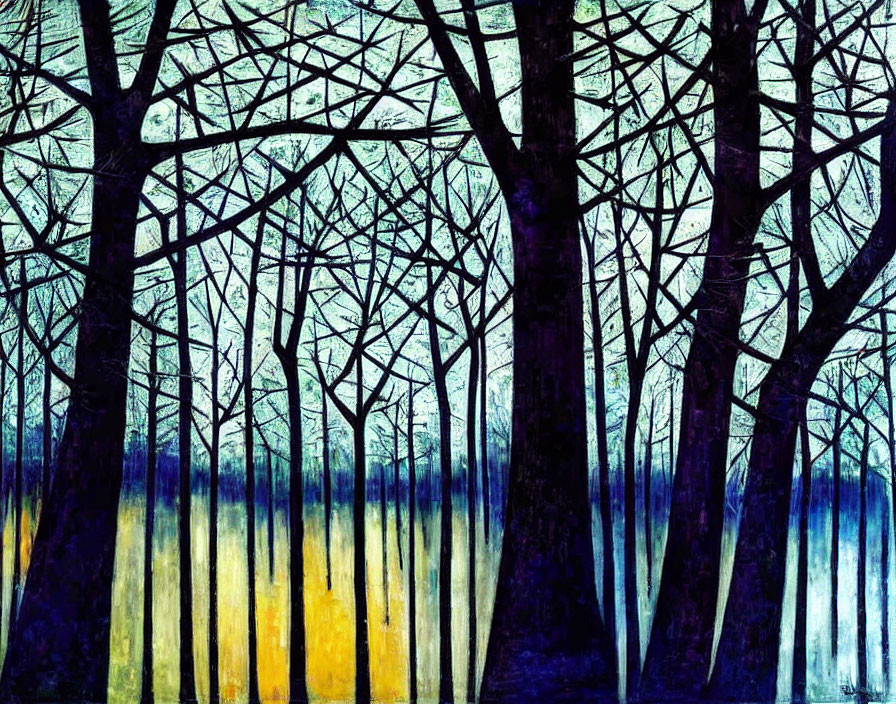 Colorful painting of dense forest with bare trees in blue, yellow, and black palette