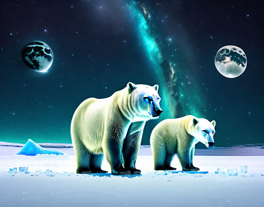 Polar bears under night sky with aurora borealis, two moons, iceberg, snow-covered landscape
