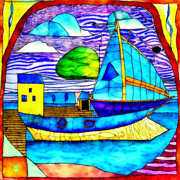 Colorful Boat with Sails on Wavy Water and Whimsical Sky