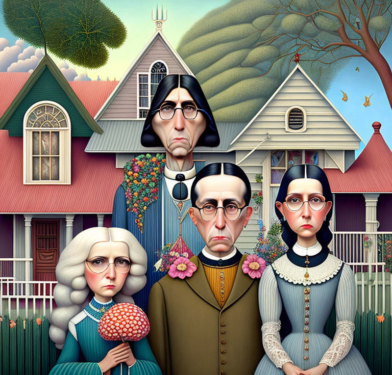 Surreal stylized illustration of four individuals in front of quaint houses