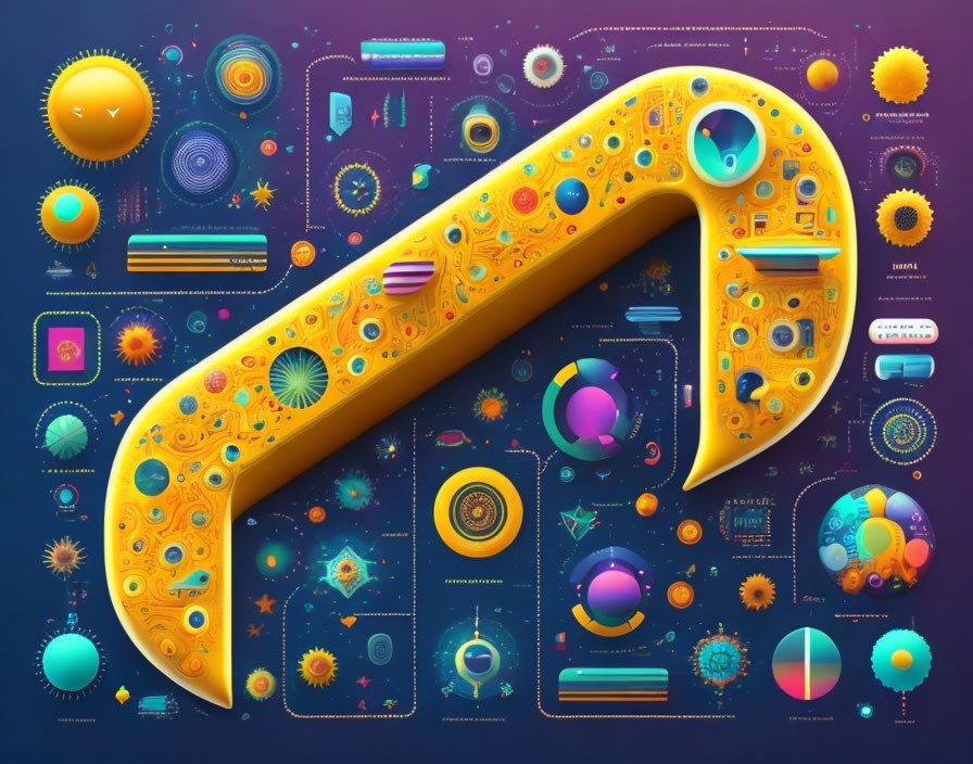 Colorful Abstract Artwork with Yellow Numeral 7 and Cosmic Designs