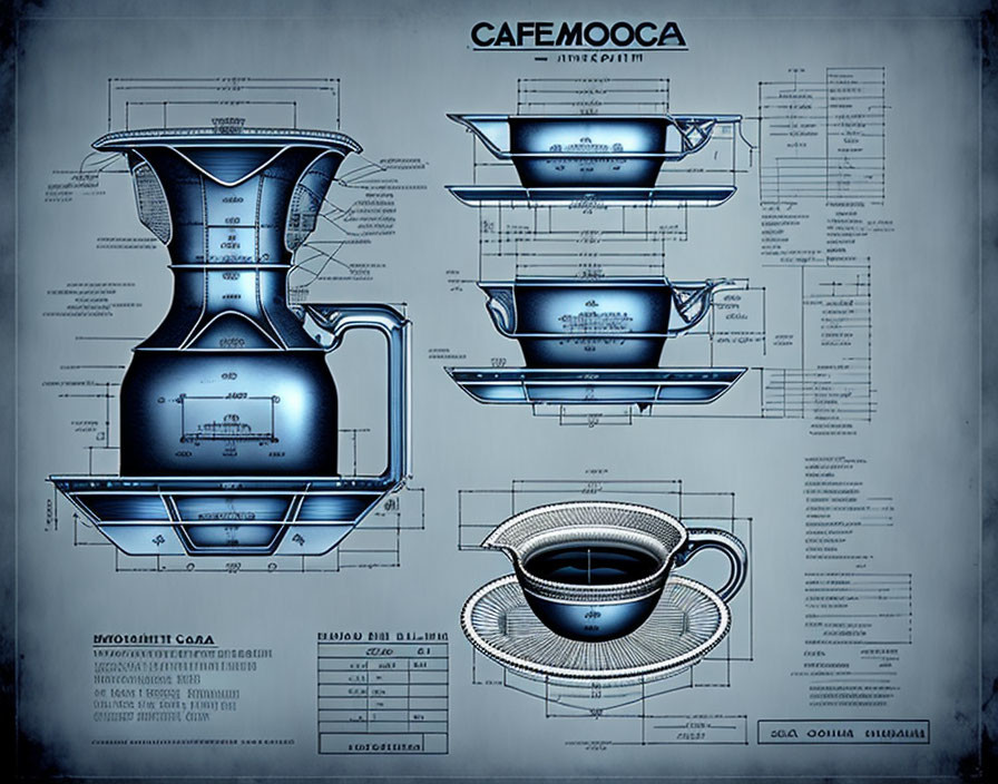 Detailed Blueprint of Café Mocha Serving Set with Annotations