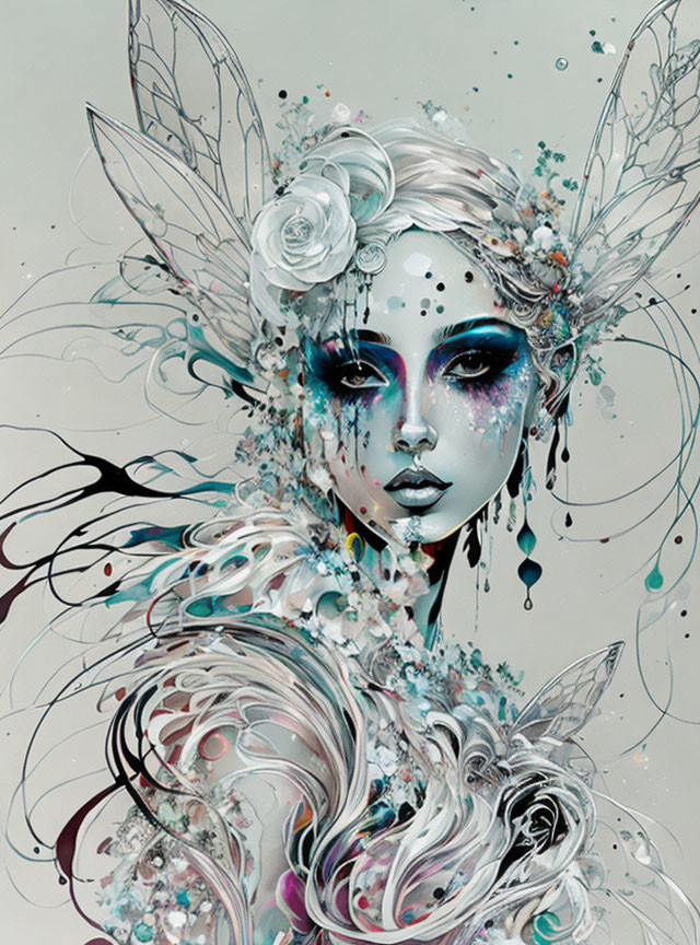 Surreal female portrait with floral, paint splatters, and feather details