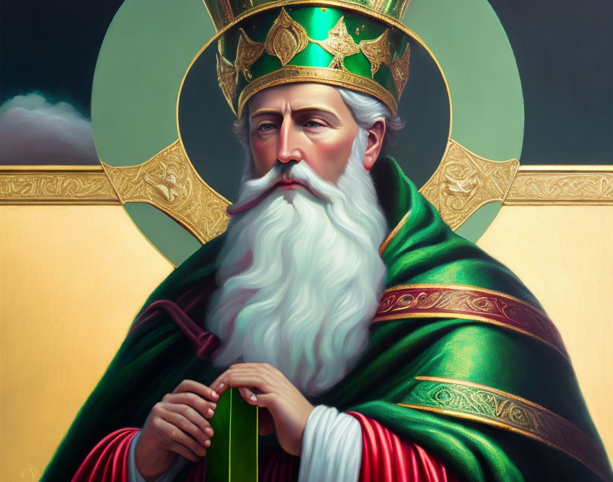 Regal man with white beard in green cloak and golden crown holding scepter.