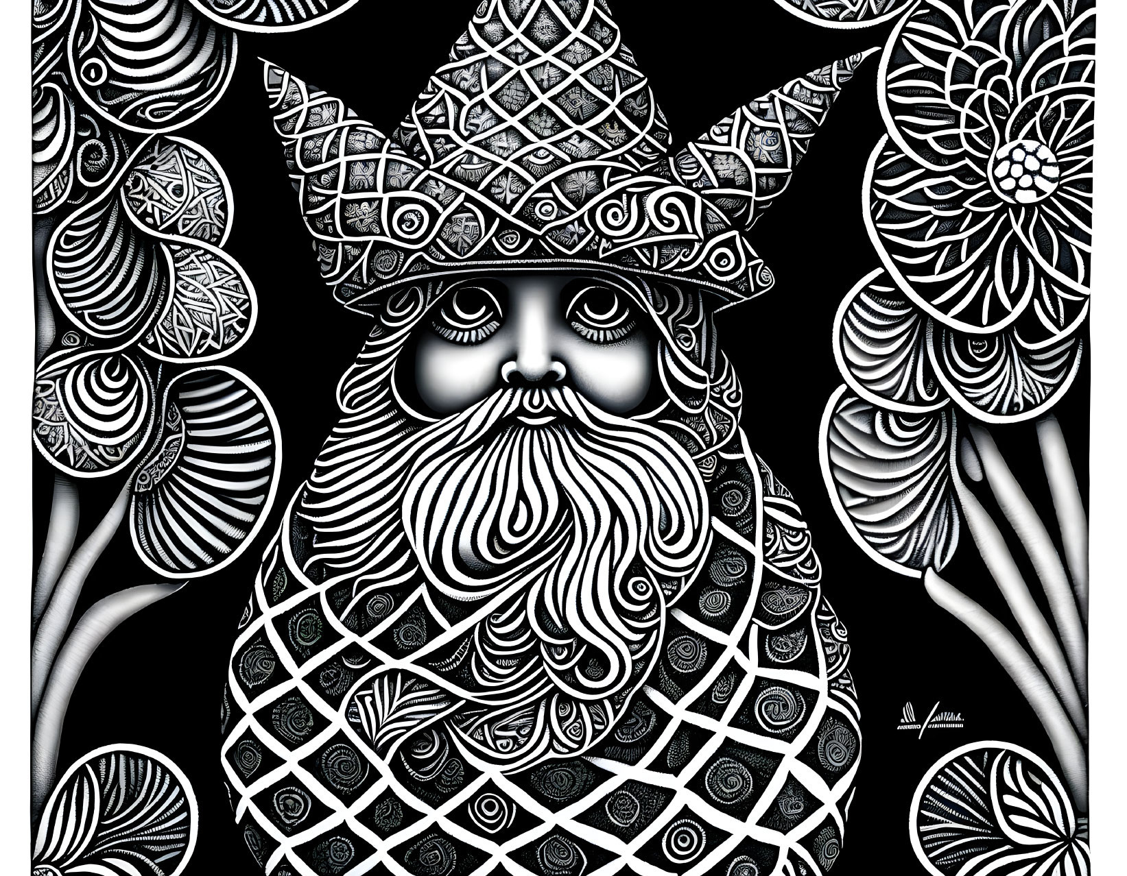 Detailed Monochromatic Illustration of Bearded Character with Patterned Hat and Floral Designs