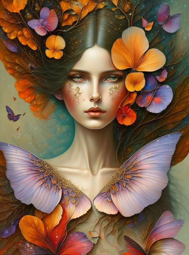 Vibrant surreal portrait of a woman with butterfly-winged flowers in hair