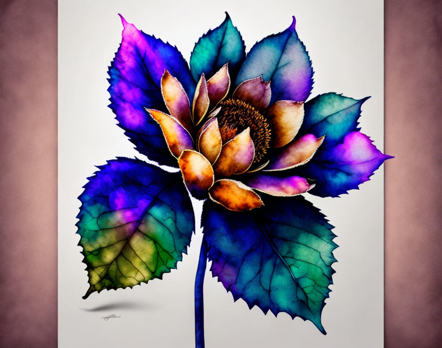 Colorful Watercolor Painting of Blue, Purple, and Gold Flower