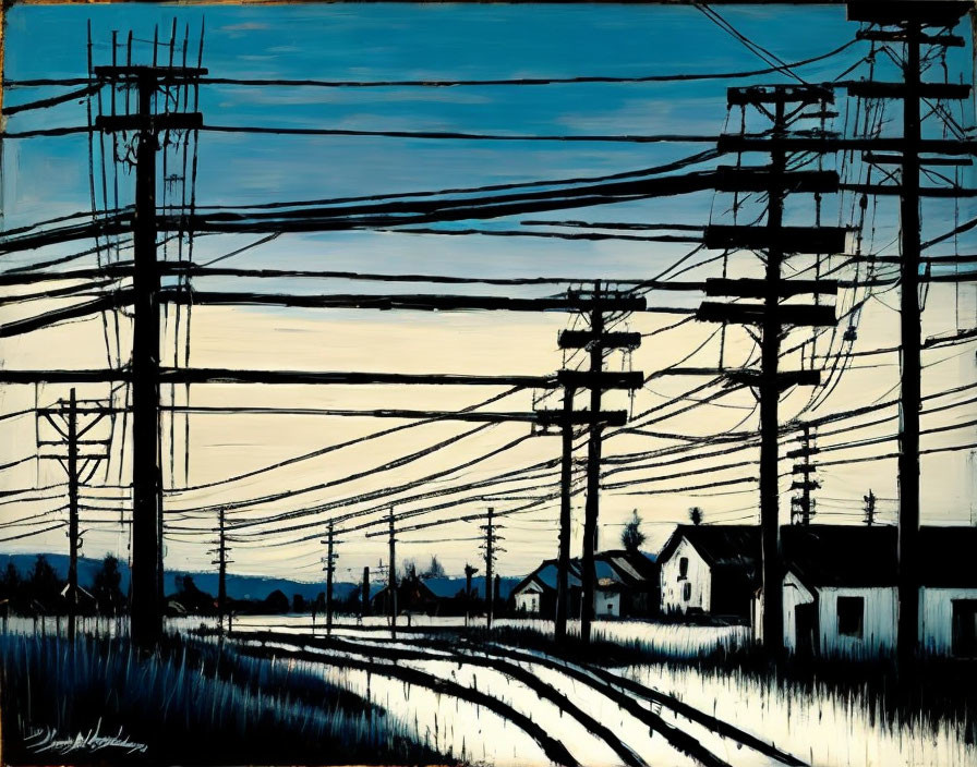 Stylized painting of power lines and poles over small houses at dusk or dawn