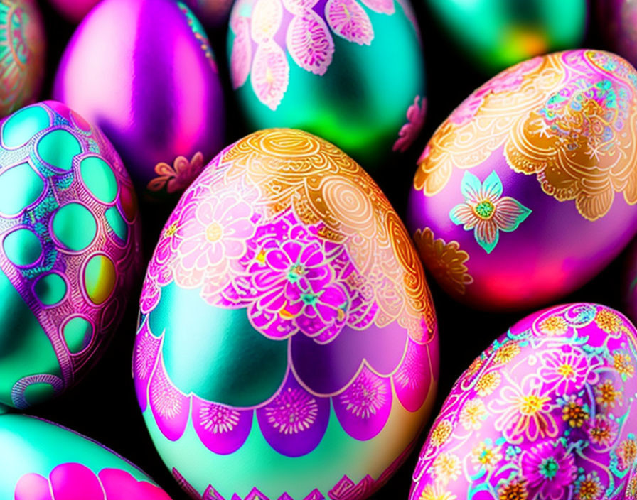 Colorful Easter Eggs with intricate patterns on dark background