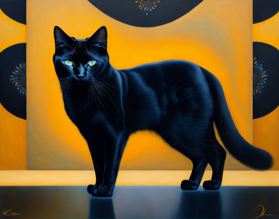 Black Cat with Blue Eyes on Yellow Floral Background