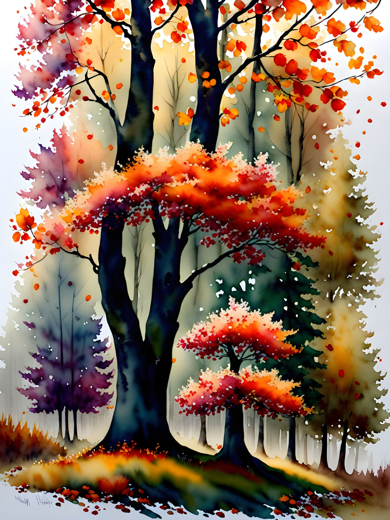 Colorful Autumn Forest Illustration in Watercolor Style