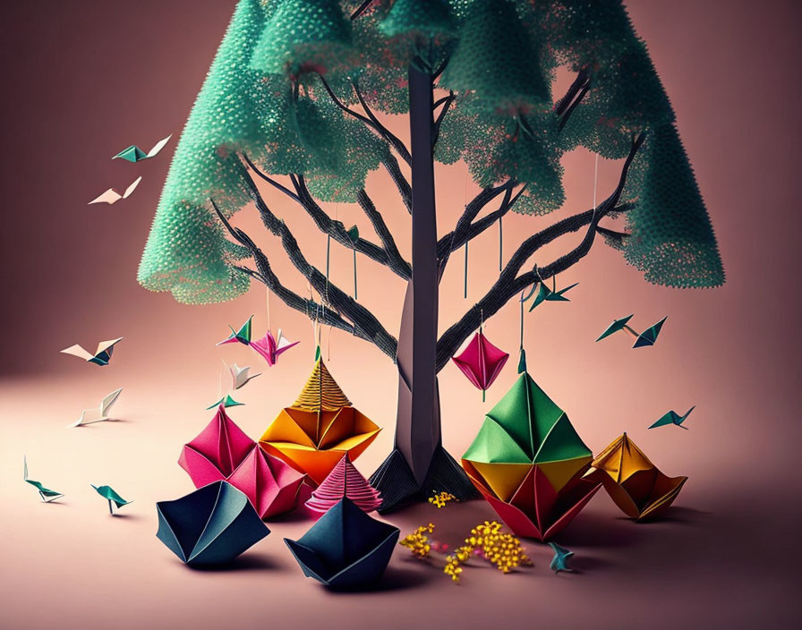 Whimsical paper art scene with teal tree and origami birds