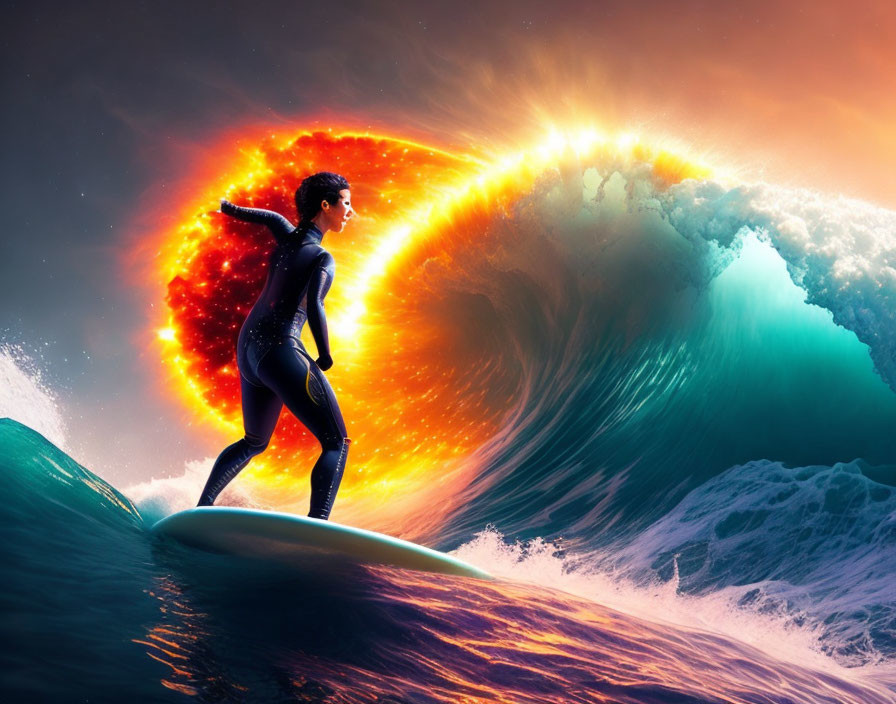 Surfer riding glowing wave with fiery cosmic backdrop