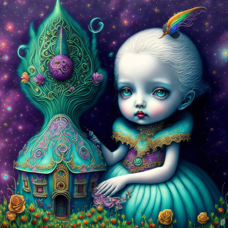 Surreal illustration of pale child and colorful mushroom house