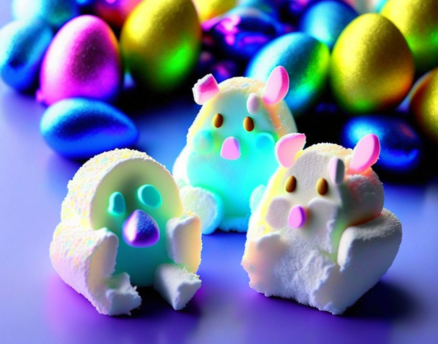 Colorful Easter Egg Toys with Bunny Ears and Faces Among Vibrant Eggs