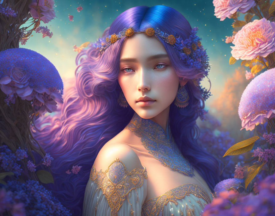 Digital art portrait of woman with blue and purple hair and golden floral crown in lush floral setting