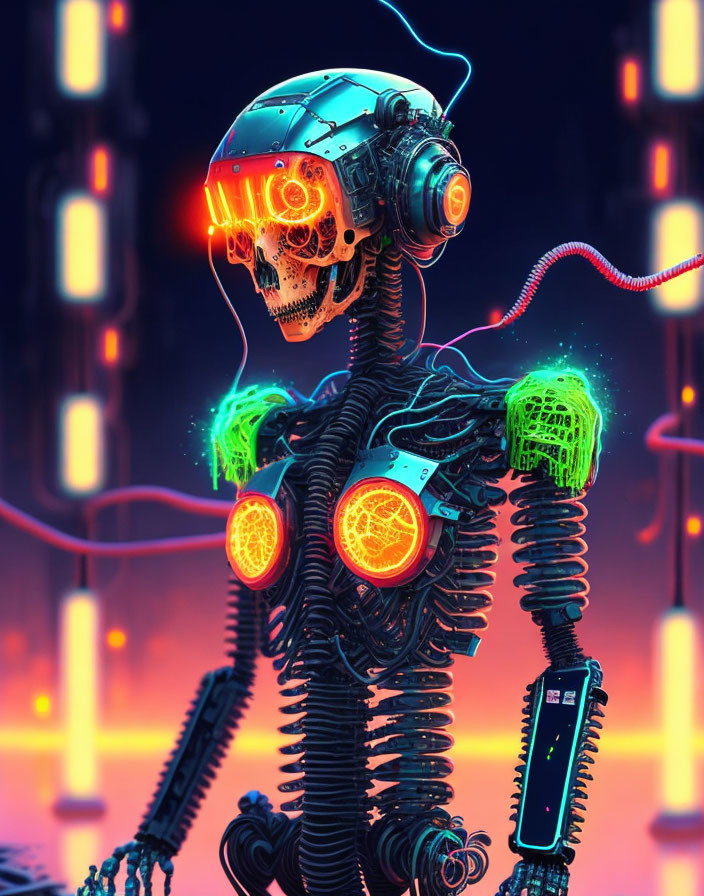 Glowing skull robotic skeleton with neon lights on dark circuitry backdrop