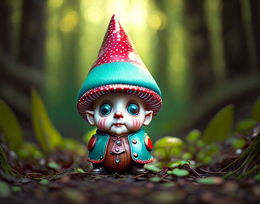 Colorful Gnome Character Sitting in Forest Scene