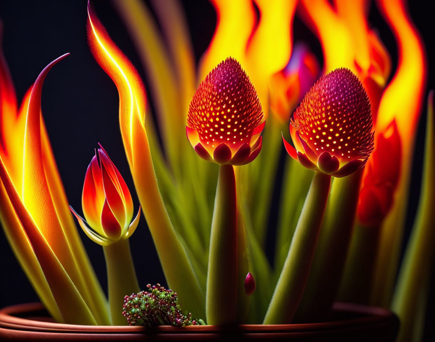 Fiery red and yellow flowers on dark background with dramatic lighting