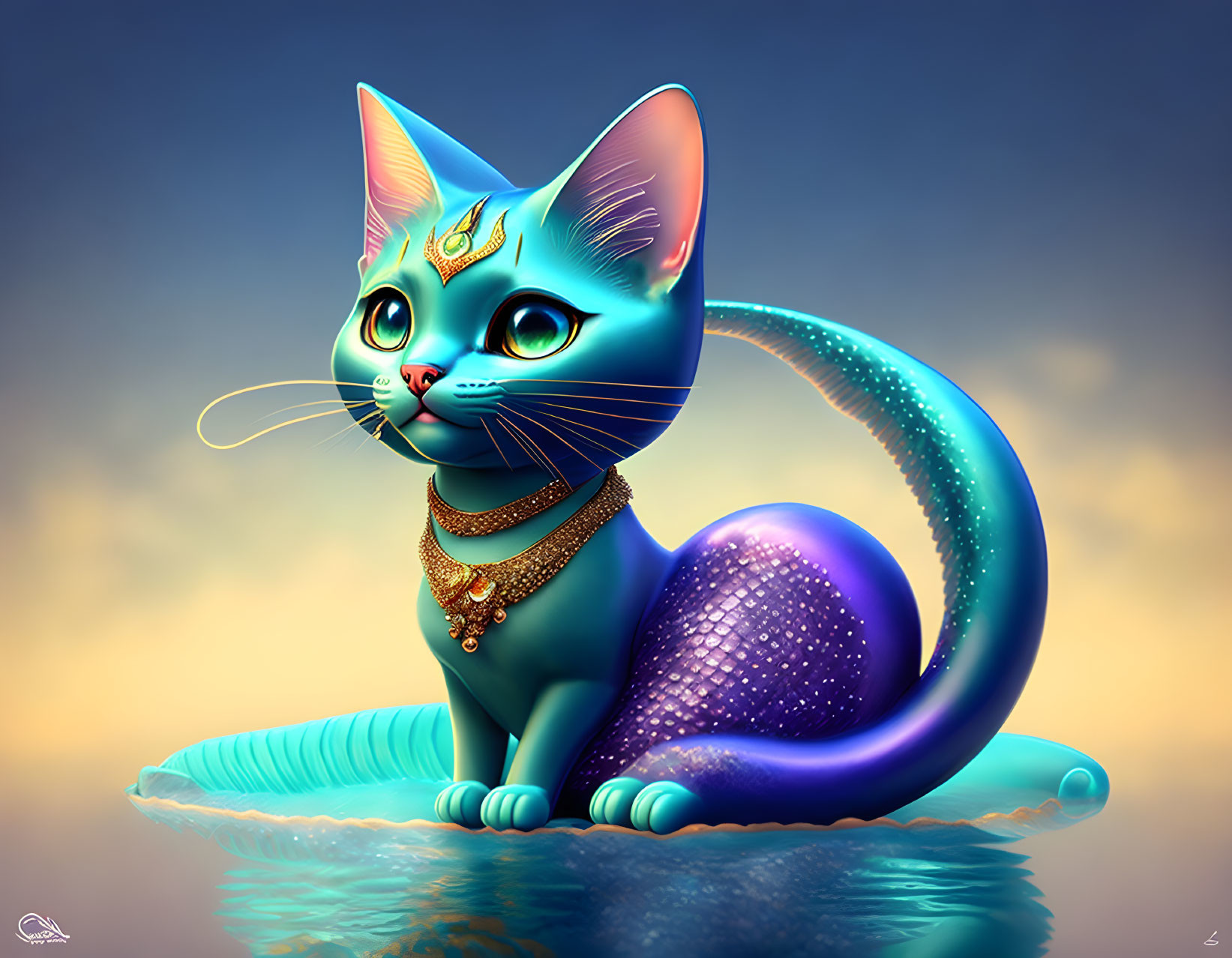 Blue fantasy cat with sparkling tail in golden sunset setting