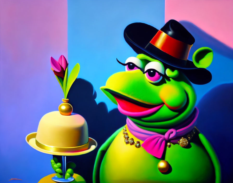 Colorful anthropomorphic frog with hat, scarf, necklace holding cake and flower